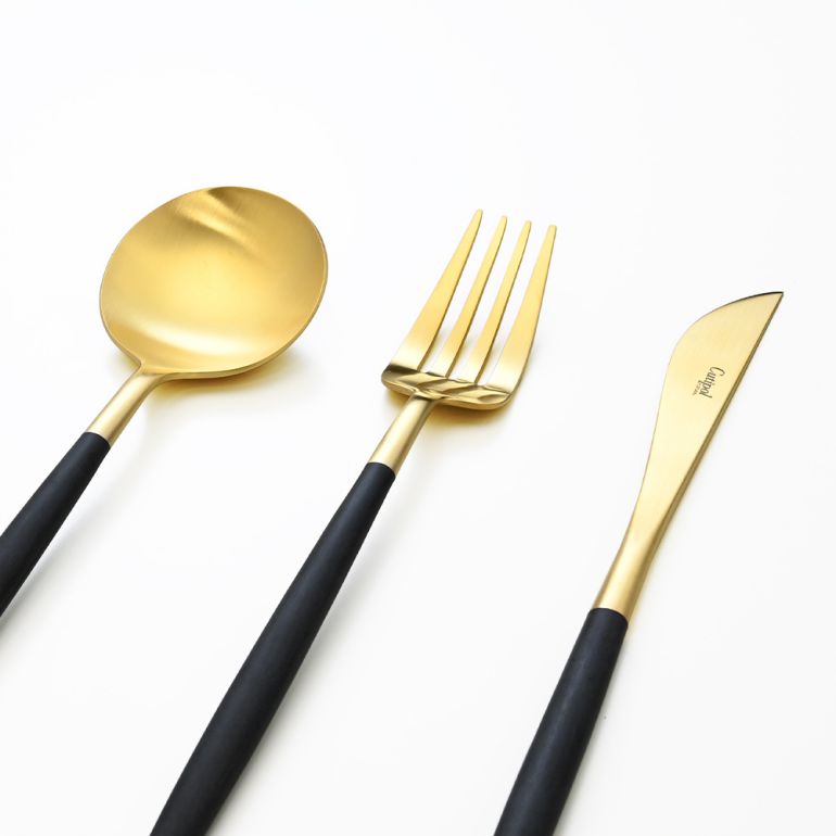 クチポール Cutipol GOA ゴア ブラック/ゴールド 3点セット ディナー ナイフ フォーク スプーン 洋食器【名入れ対応】【スペシャルラッピング660円(別売り)】