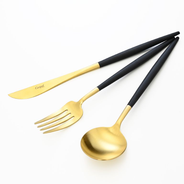 クチポール Cutipol GOA ゴア ブラック/ゴールド 3点セット ディナー ナイフ フォーク スプーン 洋食器【名入れ対応】【スペシャルラッピング660円(別売り)】