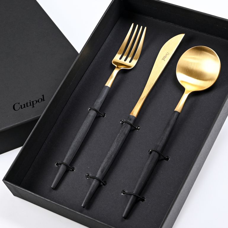 クチポール Cutipol GOA ゴア ブラック/ゴールド 3点セット ディナー ナイフ フォーク スプーン 洋食器【名入れ対応】【スペシャルラッピング660円(別売り)】