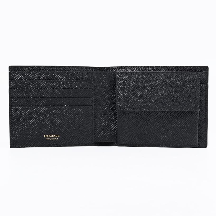 【スペシャルラッピング付き】フェラガモ Salvatore Ferragamo サルヴァトーレフェラガモ 二つ折り財布 小銭入れ付き ウォレット ダブル・ガンチーニ メンズ ブラック 661454 775646 0775646