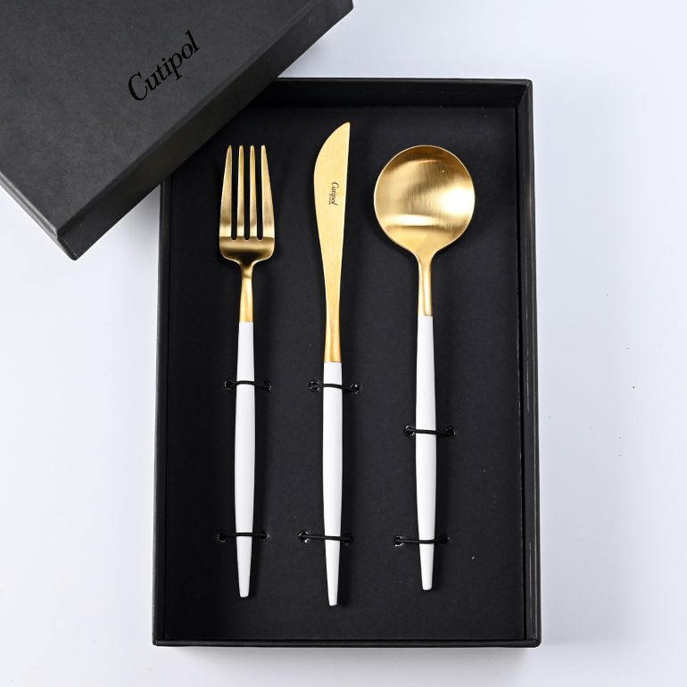 クチポール Cutipol GOA ゴア ホワイト/ゴールド 3点セット ディナー ナイフ フォーク スプーン 洋食器【名入れ対応】【スペシャルラッピング660円(別売り)】