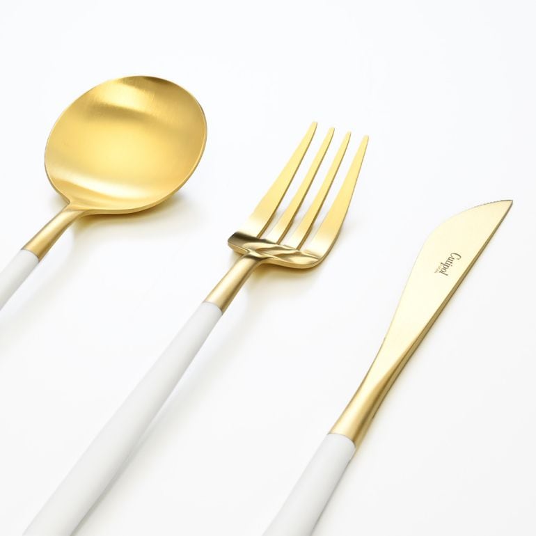 クチポール Cutipol GOA ゴア ホワイト/ゴールド 3点セット ディナー ナイフ フォーク スプーン 洋食器【名入れ対応】【スペシャルラッピング660円(別売り)】