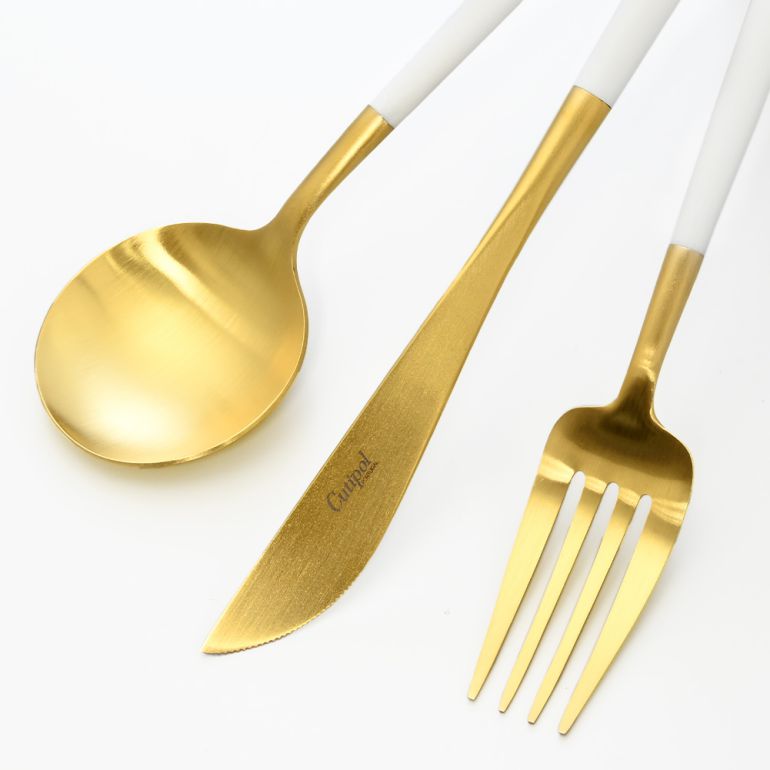 クチポール Cutipol GOA ゴア ホワイト/ゴールド 3点セット ディナー ナイフ フォーク スプーン 洋食器【名入れ対応】【スペシャルラッピング660円(別売り)】