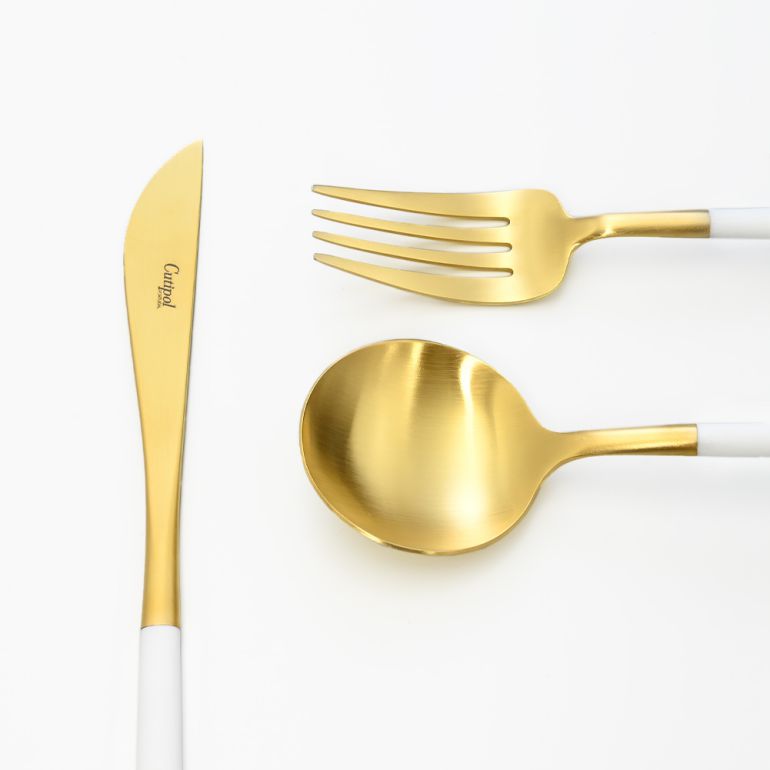 クチポール Cutipol GOA ゴア ホワイト/ゴールド 3点セット ディナー ナイフ フォーク スプーン 洋食器【名入れ対応】【スペシャルラッピング660円(別売り)】