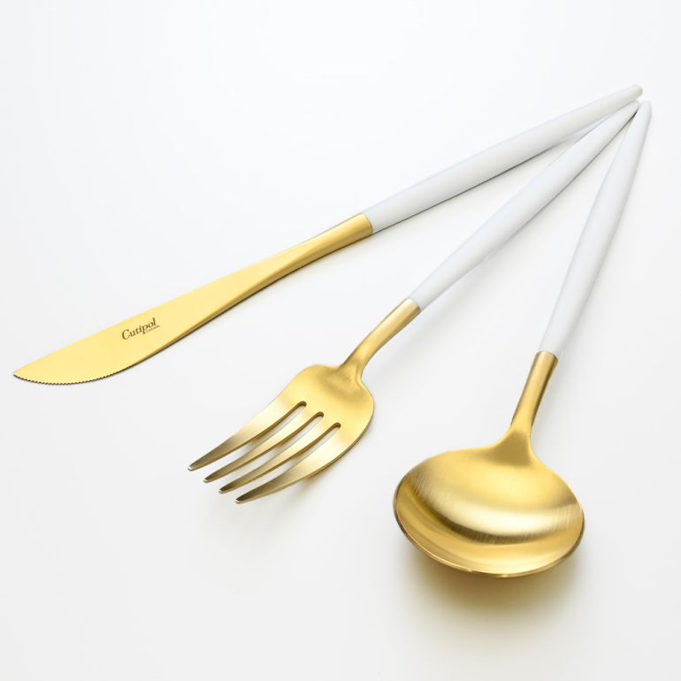 クチポール Cutipol GOA ゴア ホワイト/ゴールド 3点セット ディナー ナイフ フォーク スプーン 洋食器【名入れ対応】【スペシャルラッピング660円(別売り)】