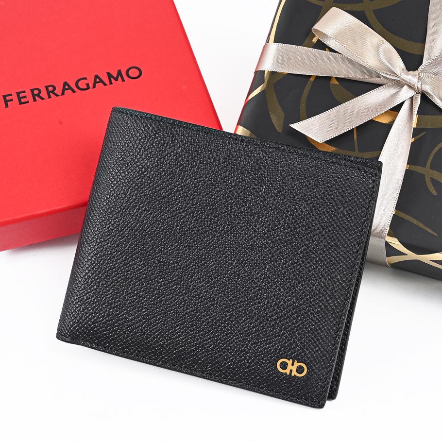 【スペシャルラッピング付き】フェラガモ Salvatore Ferragamo サルヴァトーレフェラガモ 二つ折り財布 小銭入れ無し ウォレット ダブル・ガンチーニ メンズ ブラック 661457 775650 0775650