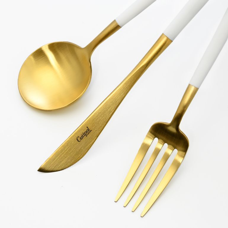 クチポール Cutipol GOA ゴア ホワイト/ゴールド 3点セット デザート ナイフ フォーク スプーン 洋食器【名入れ対応】【スペシャルラッピング660円(別売り)】
