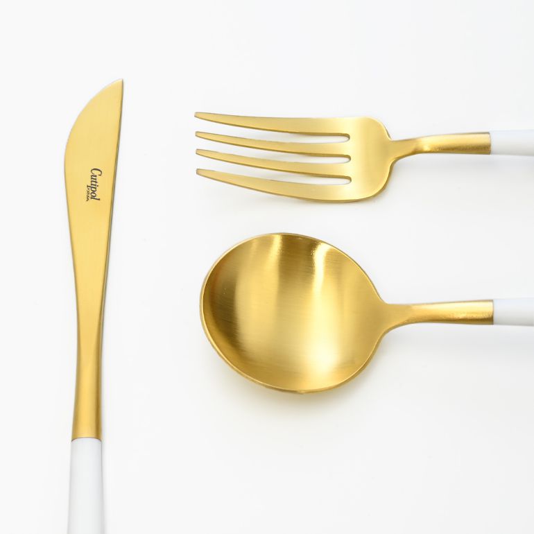 クチポール Cutipol GOA ゴア ホワイト/ゴールド 3点セット デザート ナイフ フォーク スプーン 洋食器【名入れ対応】【スペシャルラッピング660円(別売り)】