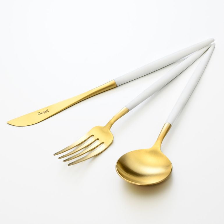 クチポール Cutipol GOA ゴア ホワイト/ゴールド 3点セット デザート ナイフ フォーク スプーン 洋食器【名入れ対応】【スペシャルラッピング660円(別売り)】