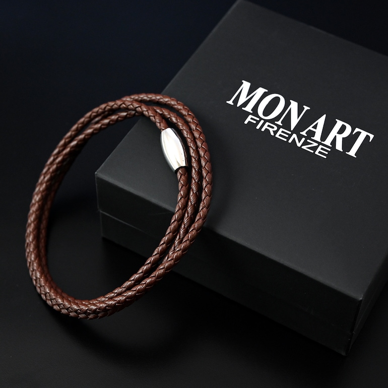 モンアート MONART ブレスレット メンズ 3ラウンドタイプ ウーブンレザー ブラウン TRIPLO BR 02 G Made in Italy 名入れ可有料 正規代理店