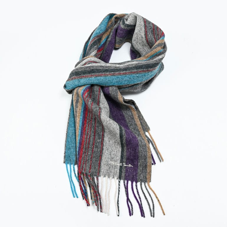 【刺しゅう名入れ可有料】ポールスミス Paul Smith マフラー スカーフ PS リバーシブル トレントストライプ ラムズウール100% メンズ グレー 150K N074 76 英国【スペシャルラッピング660円(別売り)】