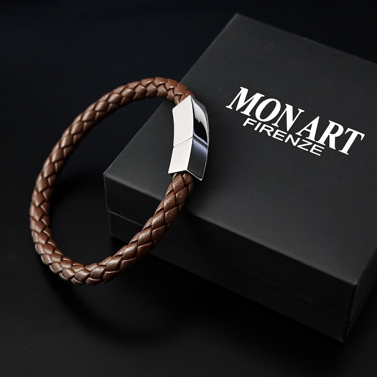 モンアート MONART ブレスレット Mサイズ メンズ ウーブンレザー ブラウン QUADRO BR 81 A Made in Italy 名入れ可有料 正規代理店