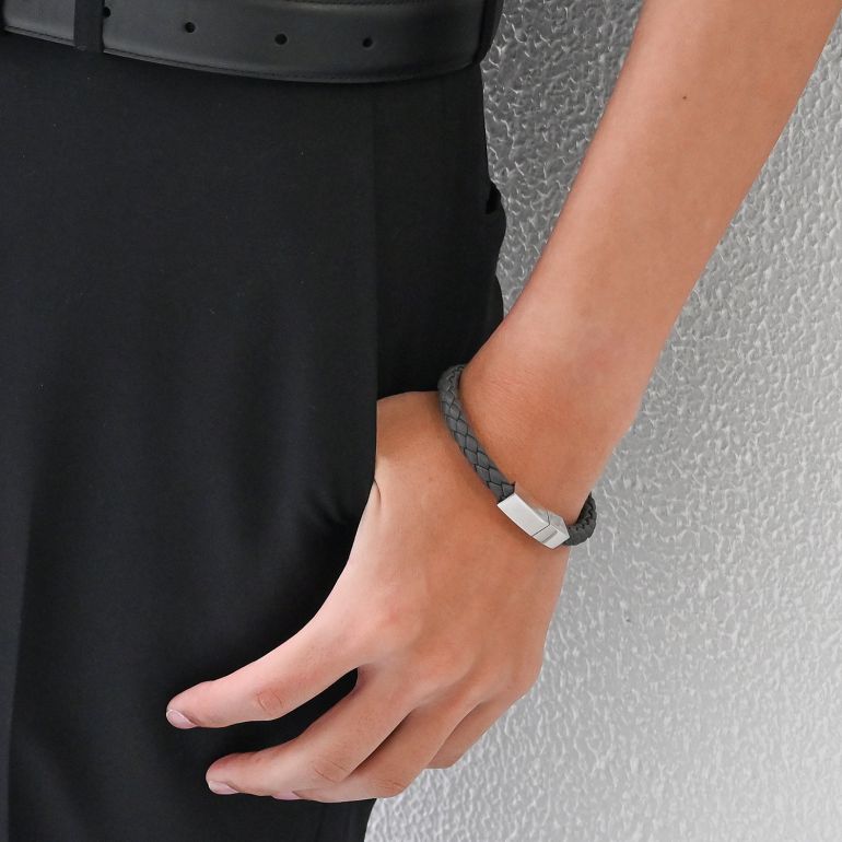 モンアート MONART ブレスレット Mサイズ メンズ ウーブンレザー グレー QUADRO BR 81 B Made in Italy 名入れ可有料 正規代理店