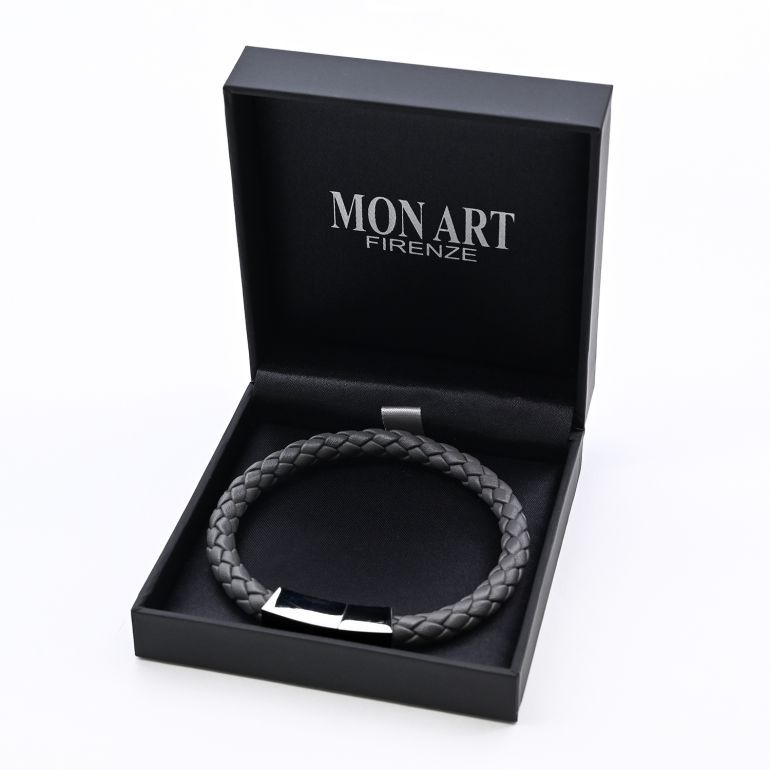 モンアート MONART ブレスレット Mサイズ メンズ ウーブンレザー グレー QUADRO BR 81 B Made in Italy 名入れ可有料 正規代理店