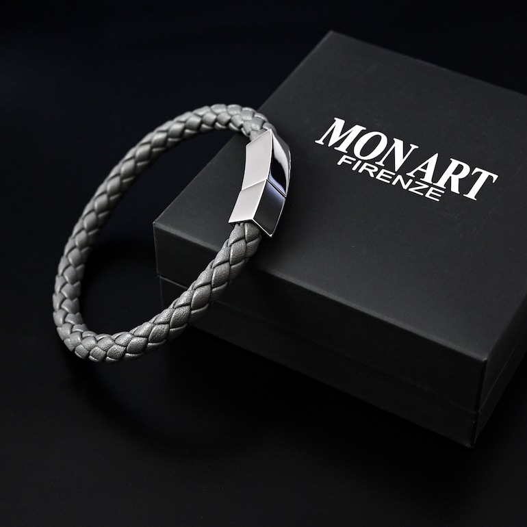 モンアート MONART ブレスレット Mサイズ メンズ ウーブンレザー グレー QUADRO BR 81 B Made in Italy 名入れ可有料 正規代理店