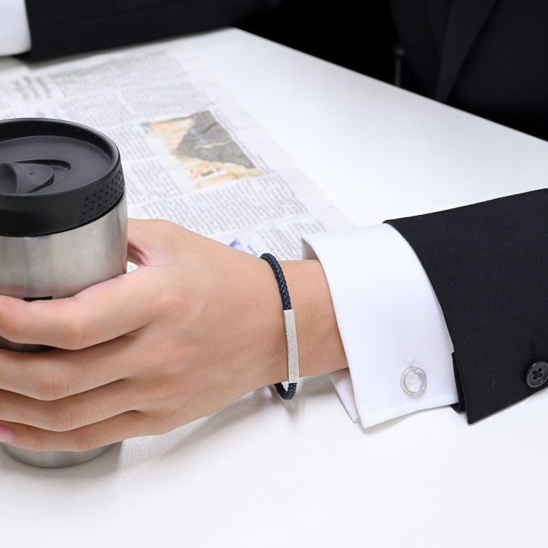 モンアート MONART ブレスレット メンズ ウーブンレザー エングレーブ刻印 メタルプレート ネイビー MASON BR 123 A Made in Italy 名入れ可有料 正規代理店