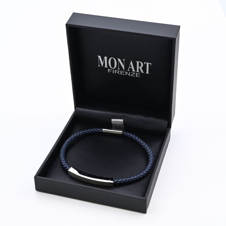モンアート MONART ブレスレット メンズ ウーブンレザー エングレーブ刻印 メタルプレート ネイビー MASON BR 123 A Made in Italy 名入れ可有料 正規代理店