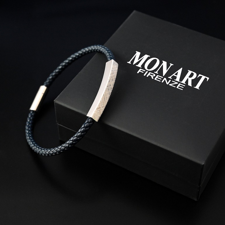 モンアート MONART ブレスレット メンズ ウーブンレザー エングレーブ刻印 メタルプレート ネイビー MASON BR 123 A Made in Italy 名入れ可有料 正規代理店