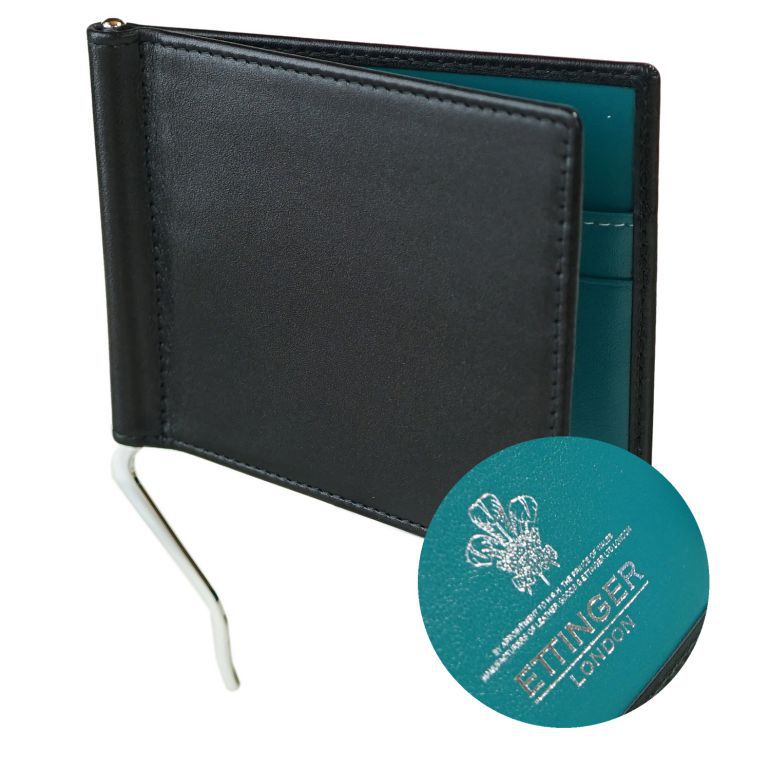 エッティンガー ETTINGER 二つ折り財布 メンズ マネークリップ ロイヤルコレクション バイカラー ST787AJR TURQUOISE ブラック×ターコイズ 名入れ可有料 【スペシャルラッピング660円(別売り)】
