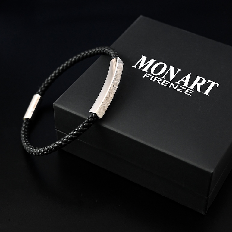 モンアート MONART ブレスレット Mサイズ メンズ ウーブンレザー エングレーブ刻印 メタルプレート ブラック MASON BR 123 D Made in Italy 名入れ可有料 正規代理店