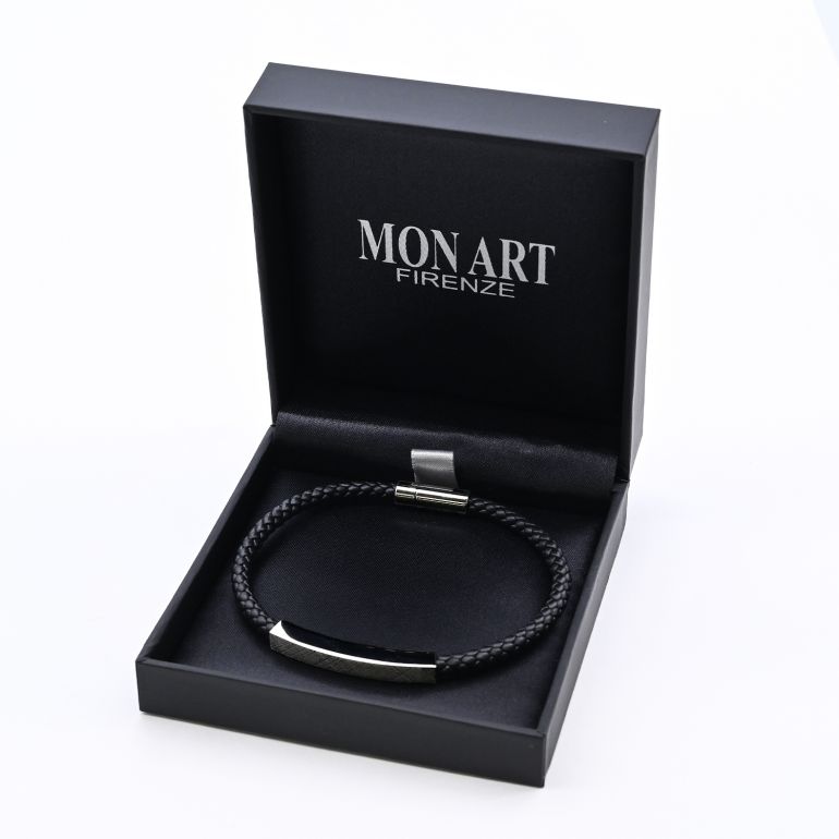 モンアート MONART ブレスレット Mサイズ メンズ ウーブンレザー エングレーブ刻印 メタルプレート ブラック MASON BR 123 D Made in Italy 名入れ可有料 正規代理店