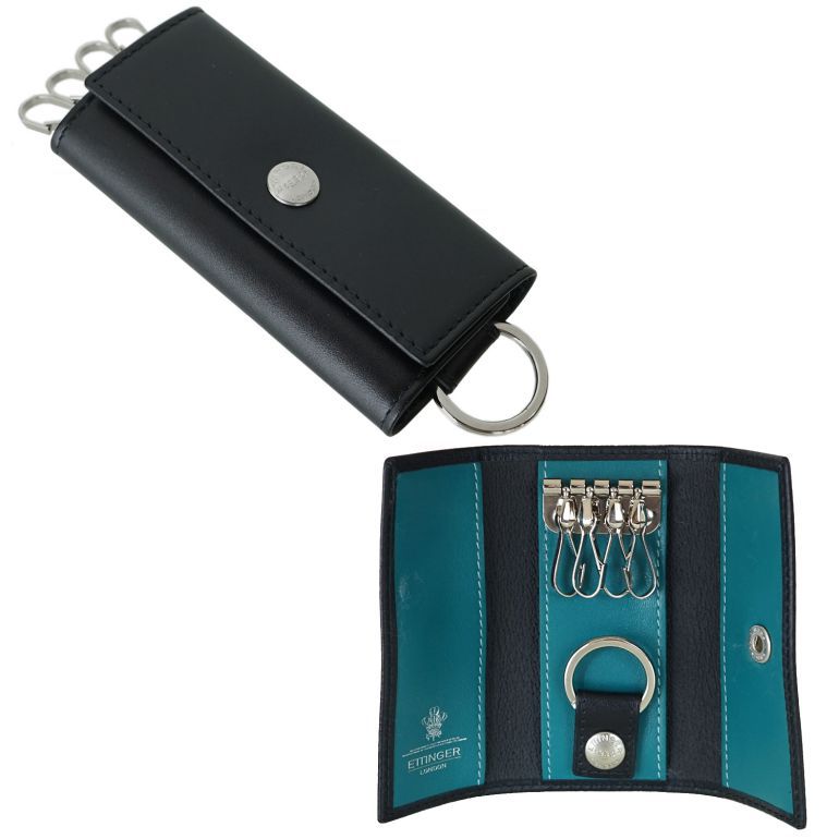 エッティンガー ETTINGER キーケース メンズ ロイヤルコレクション バイカラー ST840AJ TURQUOISE ブラック×ターコイズ イニシャル箔押し名入れ可有料 【スペシャルラッピング660円(別売り)】