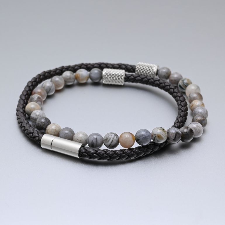 モンアート MONART ブレスレット 天然石 メンズ ダブルワイディング ウーブンレザー/ナチュラルストーン ブラウン/グレー BR/107 A M Made in Italy 正規代理店