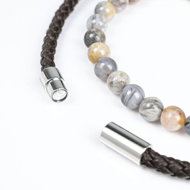 モンアート MONART ブレスレット 天然石 メンズ ダブルワイディング ウーブンレザー/ナチュラルストーン ブラウン/グレー BR/107 A M Made in Italy 正規代理店