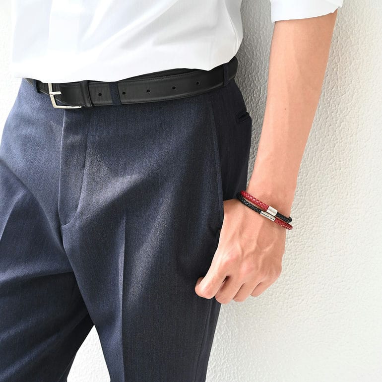 モンアート MONART ブレスレット メンズ ダブルワイディング ウーブンレザー ブラック/レッド BR/121 B C Made in Italy 正規代理店