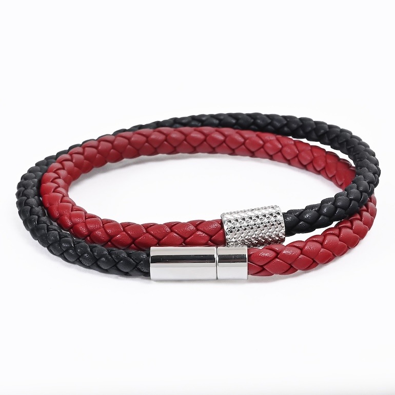 モンアート MONART ブレスレット メンズ ダブルワイディング ウーブンレザー ブラック/レッド BR/121 B C Made in Italy 正規代理店