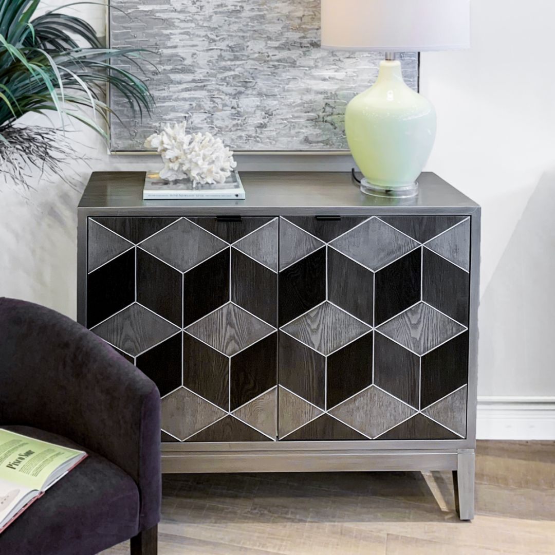 立体パターンのウッドキャビネット グレー＆ブラック