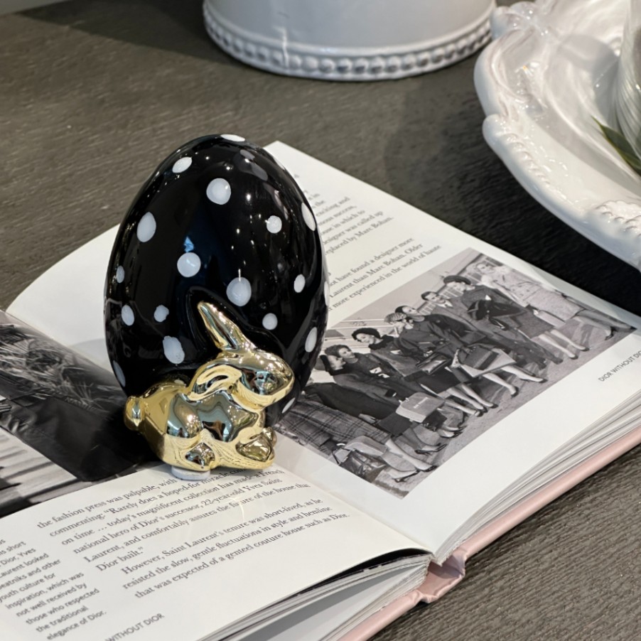 エッグ＆ラビット オブジェ ドット柄 ブラック×ゴールド 高さ8.5cm