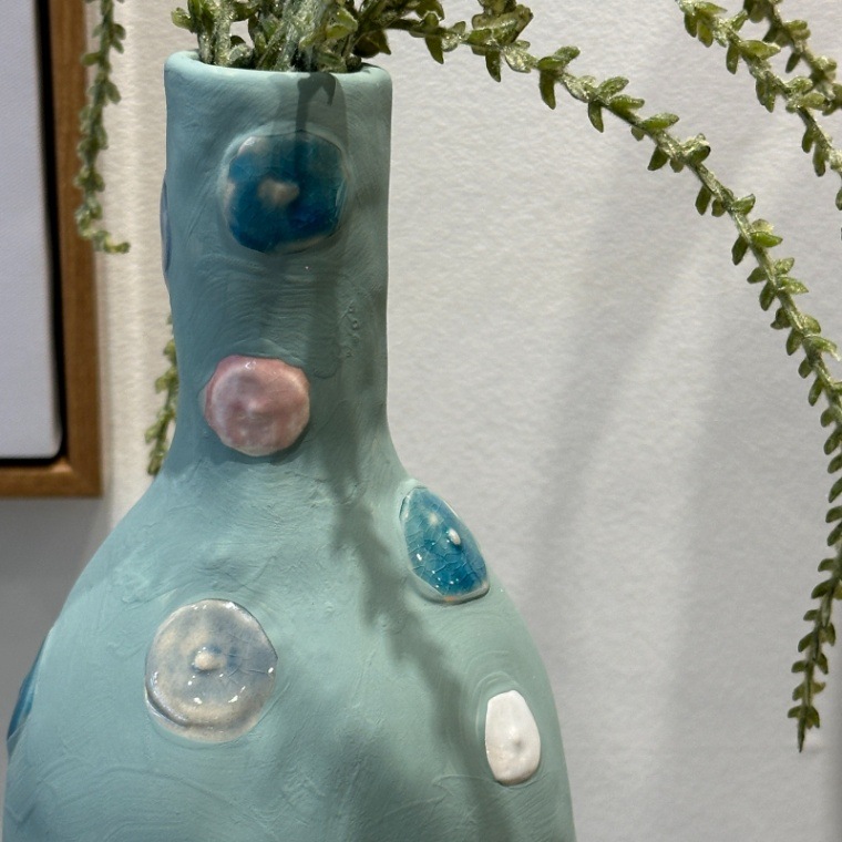 ドット柄 セラミックフラワーベース ミントブルー φ11.5