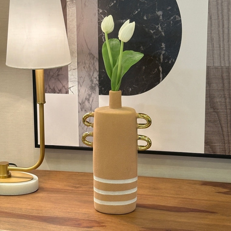 ストライプベース オレンジ 陶器製 ゴールドハンドル付き