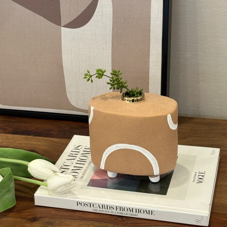 モダンセラミック フラワーベース オレンジ 高さ13.5cm