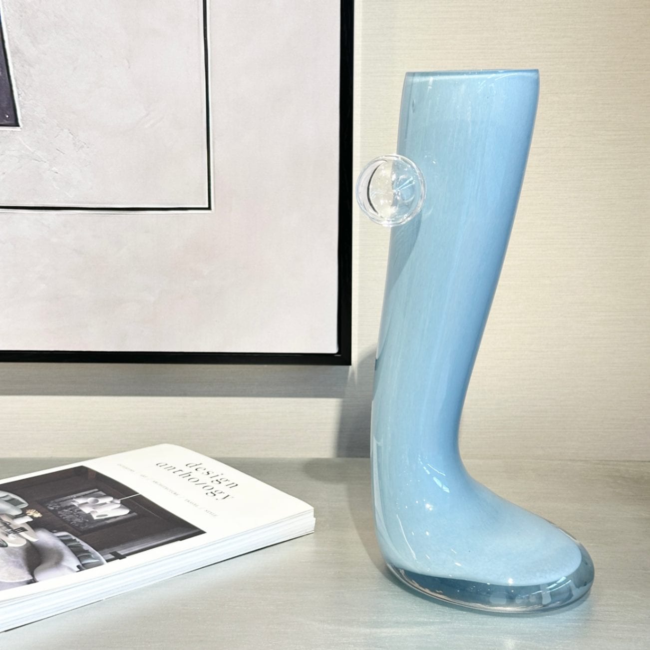 ガラスフラワーベース 長靴デザイン ブルー 32.5cm