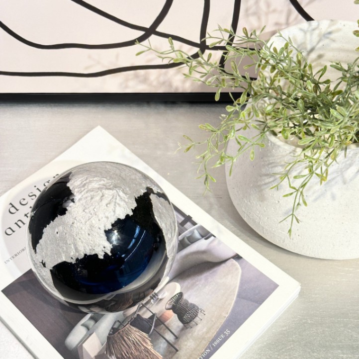 ガラスボール オブジェ Lサイズ シルバー×ブルー 直径12.5cm