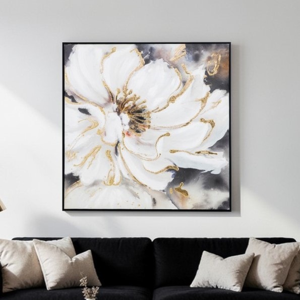 白い花とゴールドアクセントのアートフレーム 92cm×92cm
