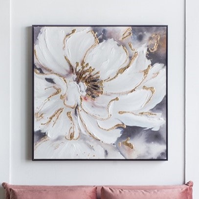 白い花とゴールドアクセントのアートフレーム 92cm×92cm