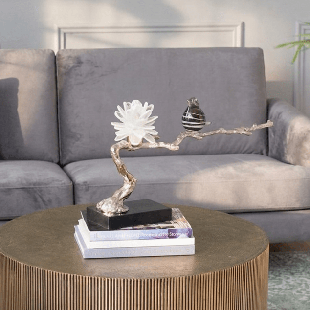 銀色の枝にとまった小鳥のオブジェ 幅62cm