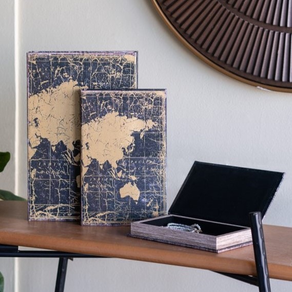 アンティーク調 世界地図デザイン ブックボックス 大中小セット 
