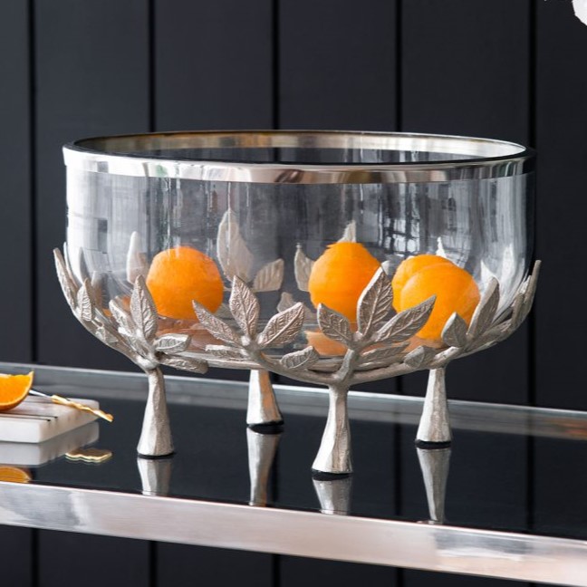 リーフモチーフスタンド付き ガラスボウル 直径34cm