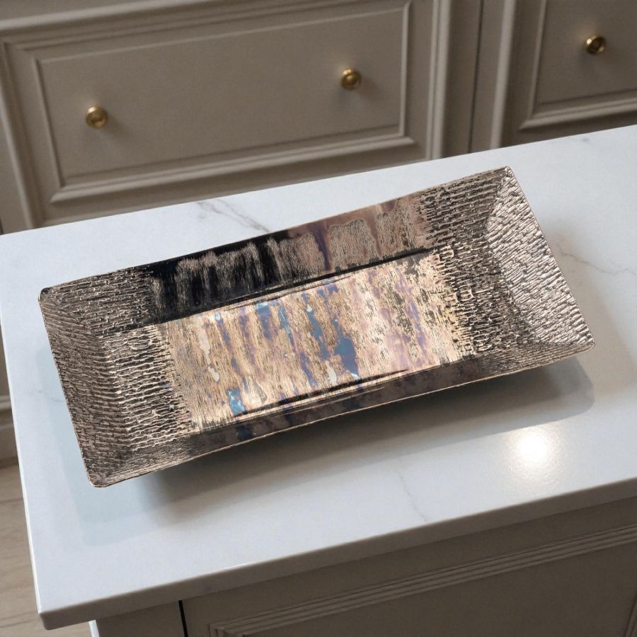 アルミ製デコレーショントレイ 幅52cm アンティークブルーシルバー仕上げ