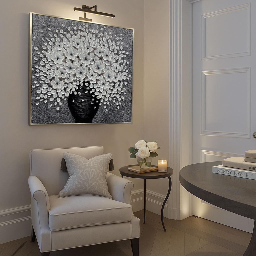 室内の静物画 油彩 白色フレーム アートフレーム ホワイトブロッサム 103×103cm | ウォールアート