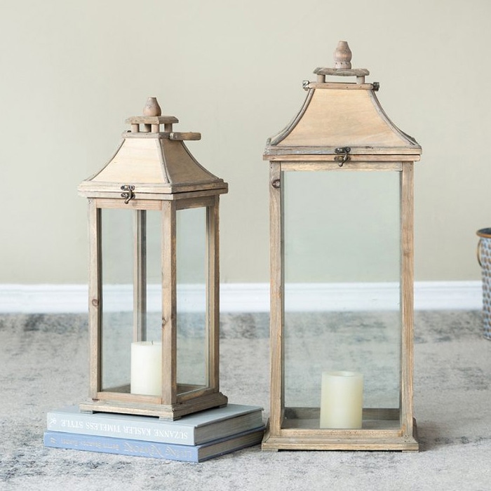 ガーデンキャンドルランタン 2個セット 木製×ガラス