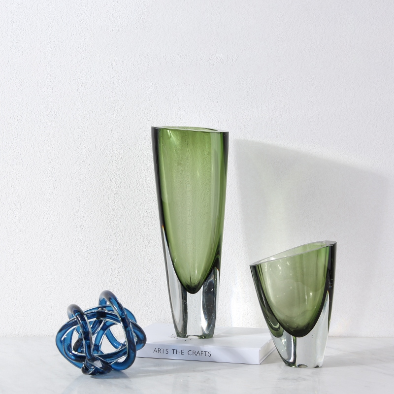 花瓶 ガラス製 大型 フラワーベース スモークグリーン