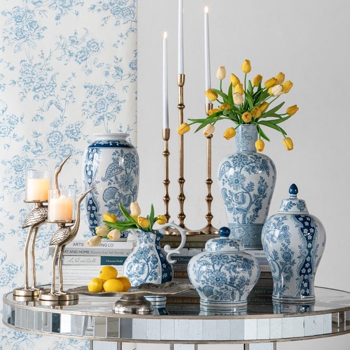 アンティーク風　シノワズリ　花瓶 シノワズリ柄 セラミックフラワーベース ブルー＆ホワイト φ23