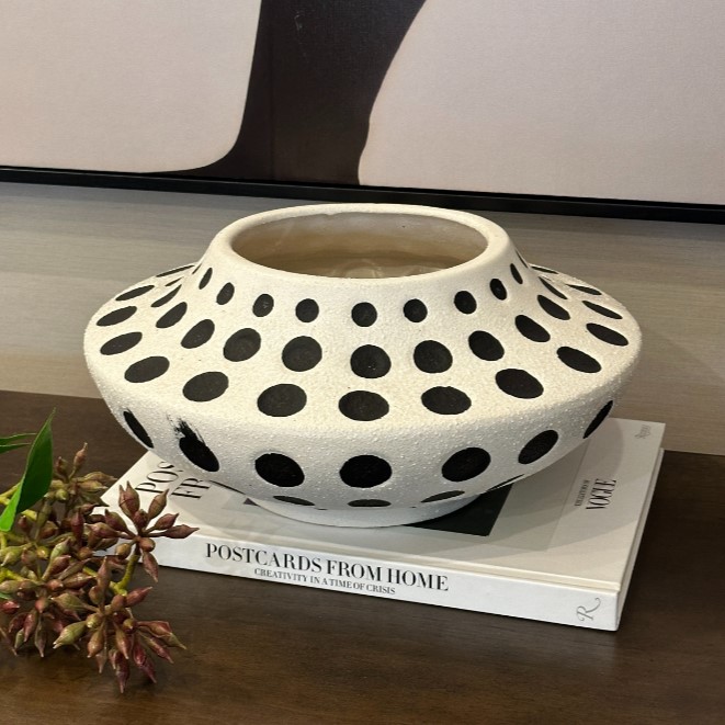 おしゃれ陶器ベース｜水玉模様の大型フラワーベース モダン