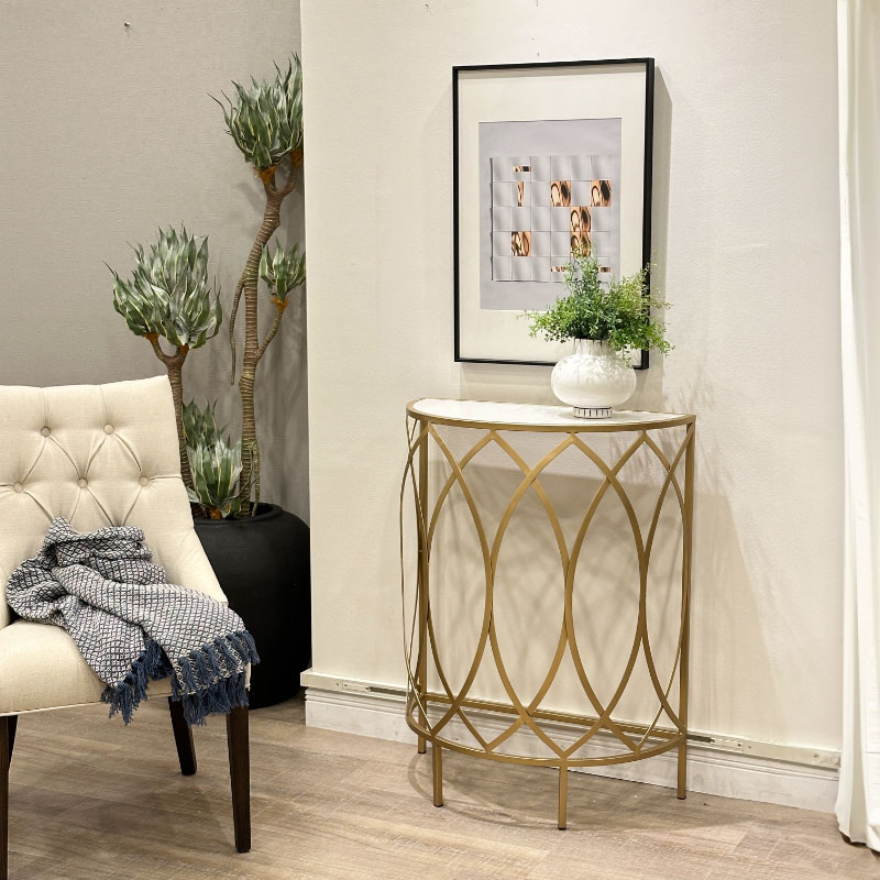 大理石天板のゴールドコンソールテーブル 半円 高さ85cm | アイアン