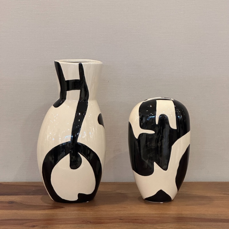 フラワーベース セラミック ホワイト ブラック ペイント H38cm 陶器製